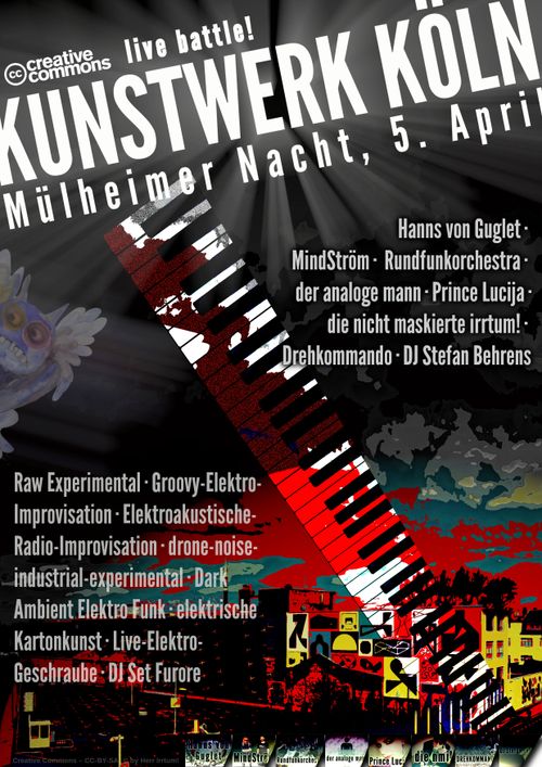 The flyer - with Abrissbilchen of the artists at the bottom, their names, a huge piano keyboard, an abstract picture of the Kunstwerk, a list of styles and a strange blue monster hovering in the sky :)